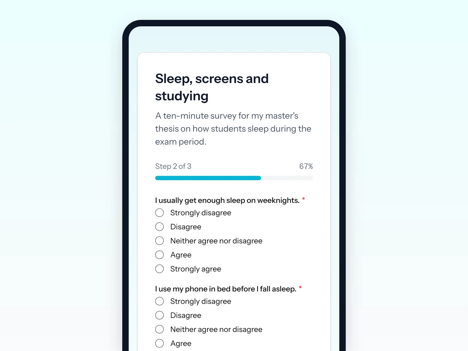 A five-point scale is a radio group with a label on every point, available on every plan. A survey page on a phone with a five-point agreement scale built as a radio group.