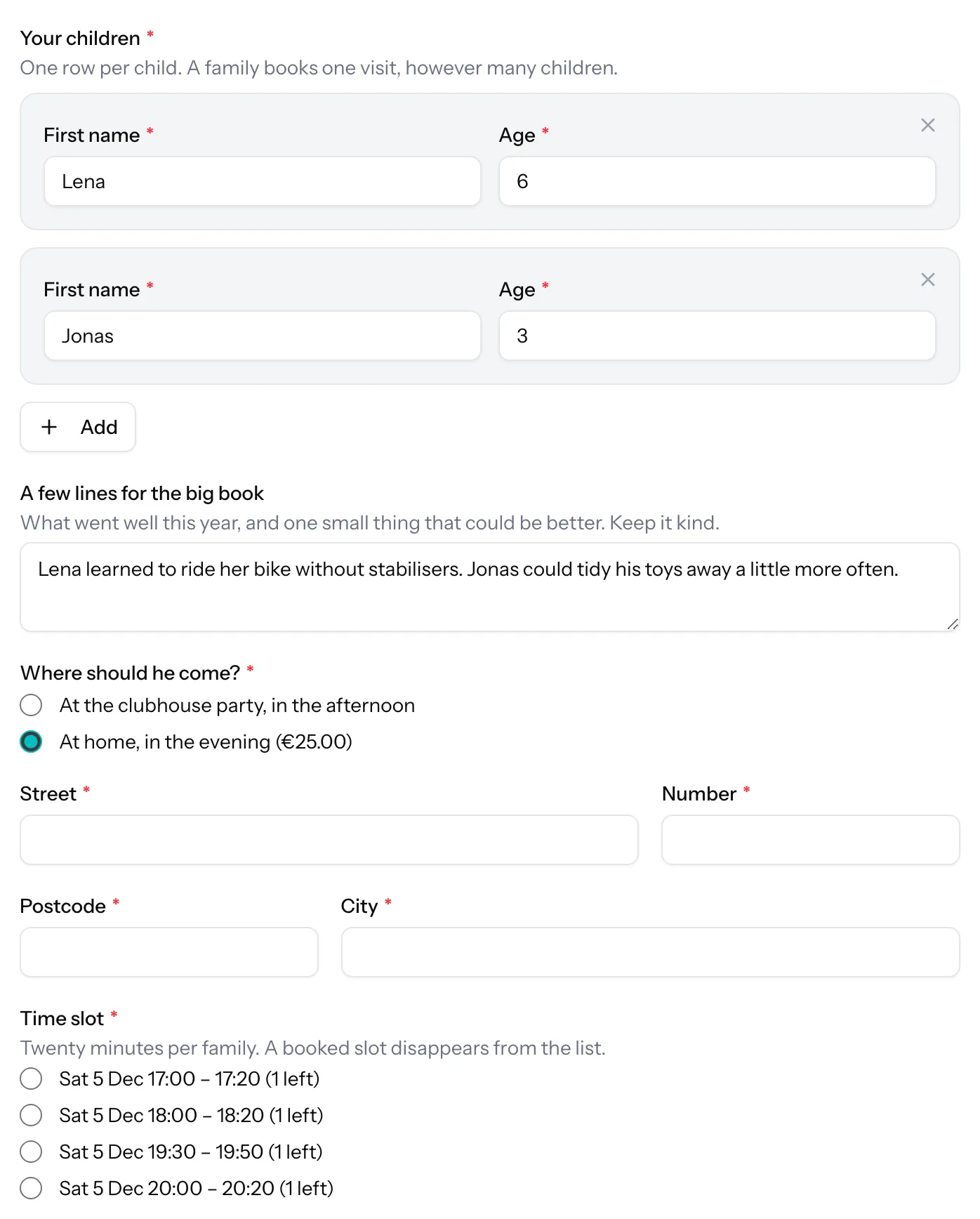 The booking form with two children, a home visit chosen, the address fields and the remaining evening time slots.