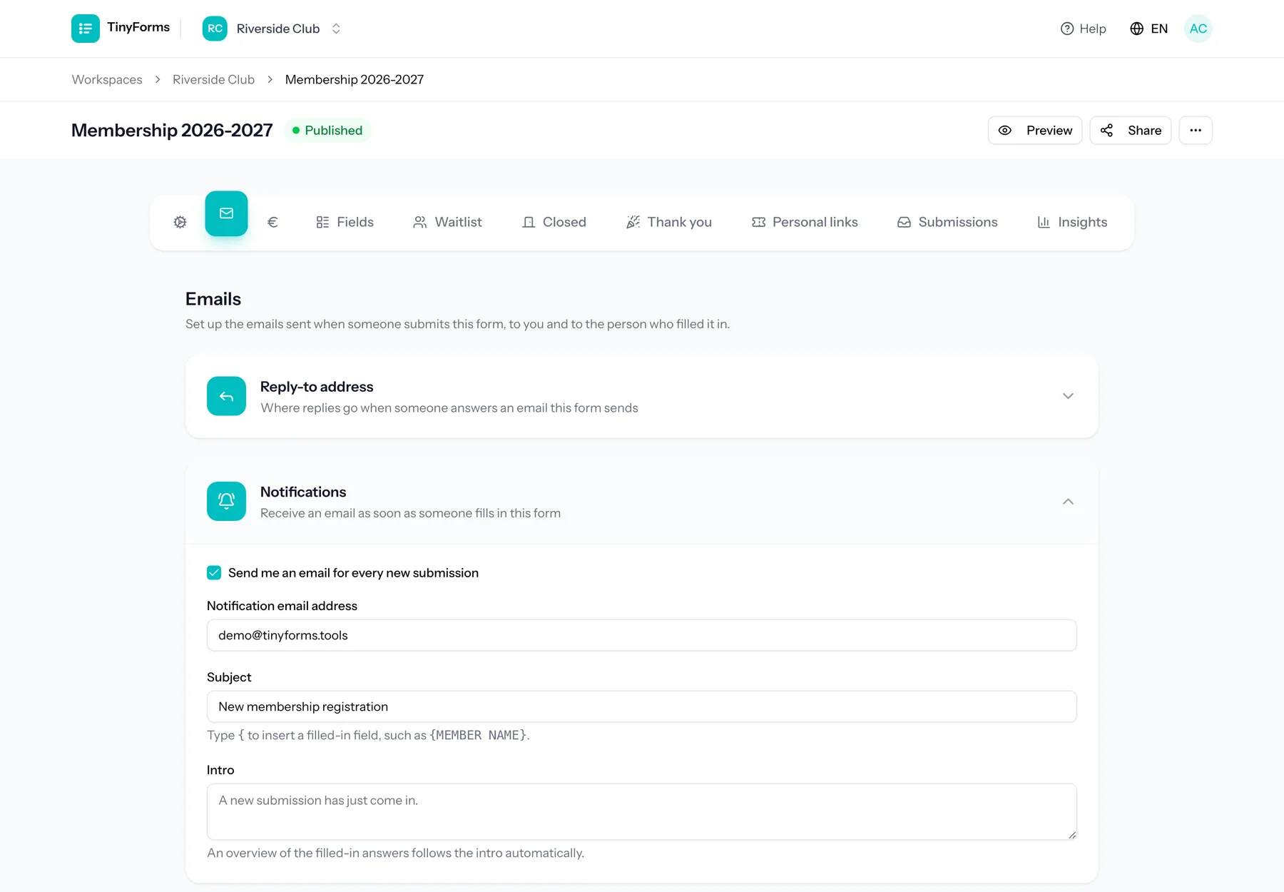 The emails tab of a form, with the notification section opened and a recipient, subject and intro filled in.
