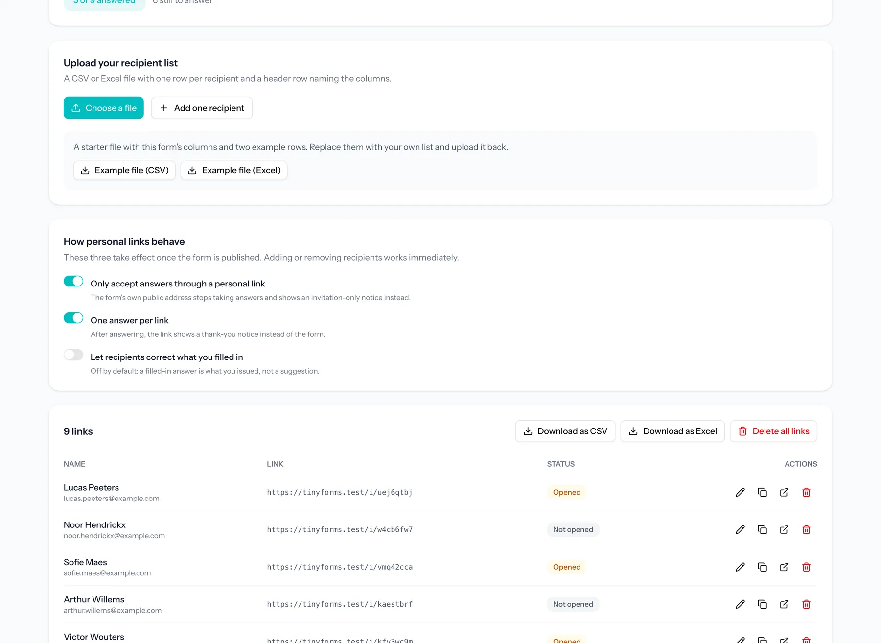 A list of recipients, each with their own link and a status of not opened, opened or answered.