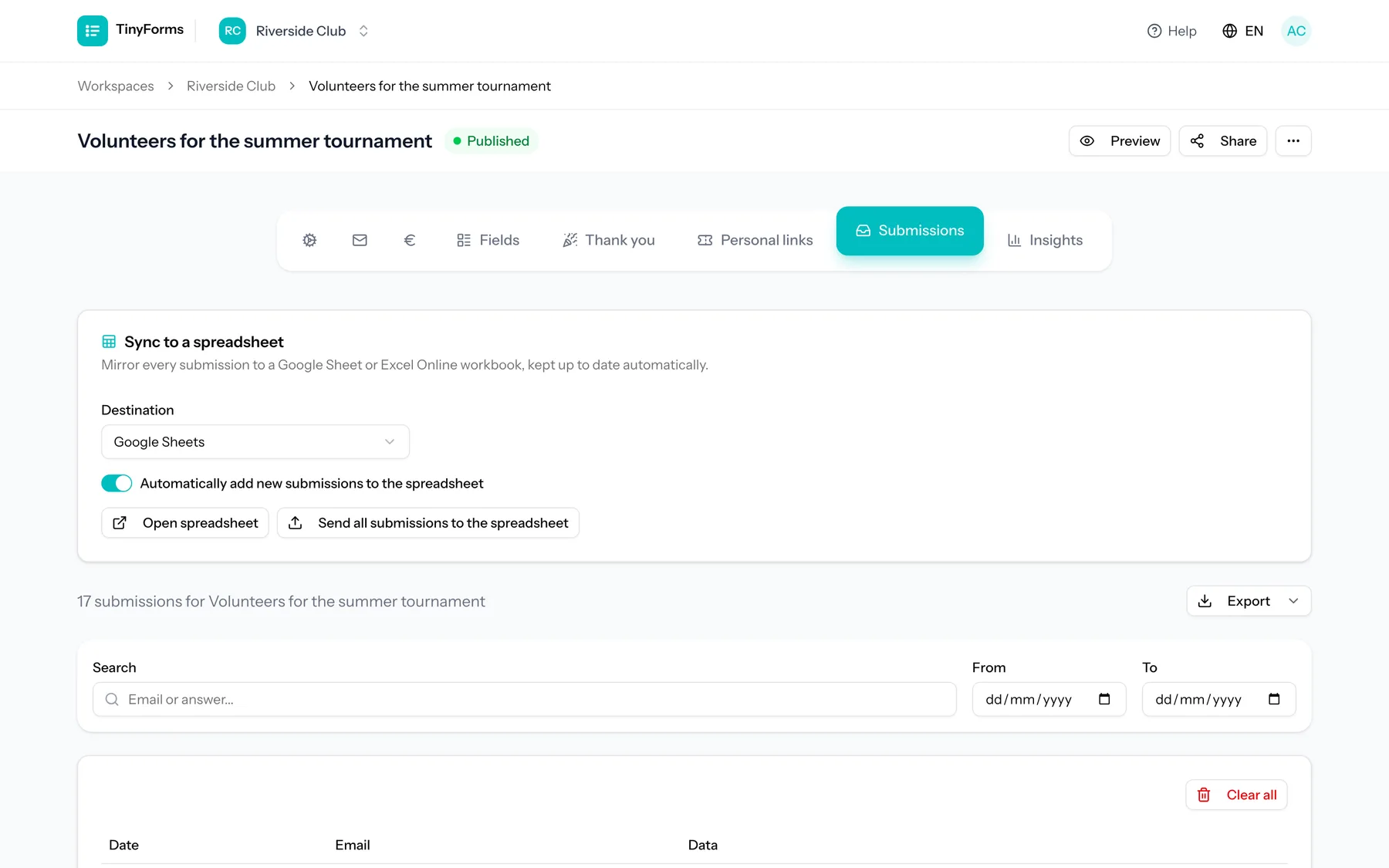 L'onglet Réponses d'un formulaire avec la synchronisation activée et un lien vers la feuille.