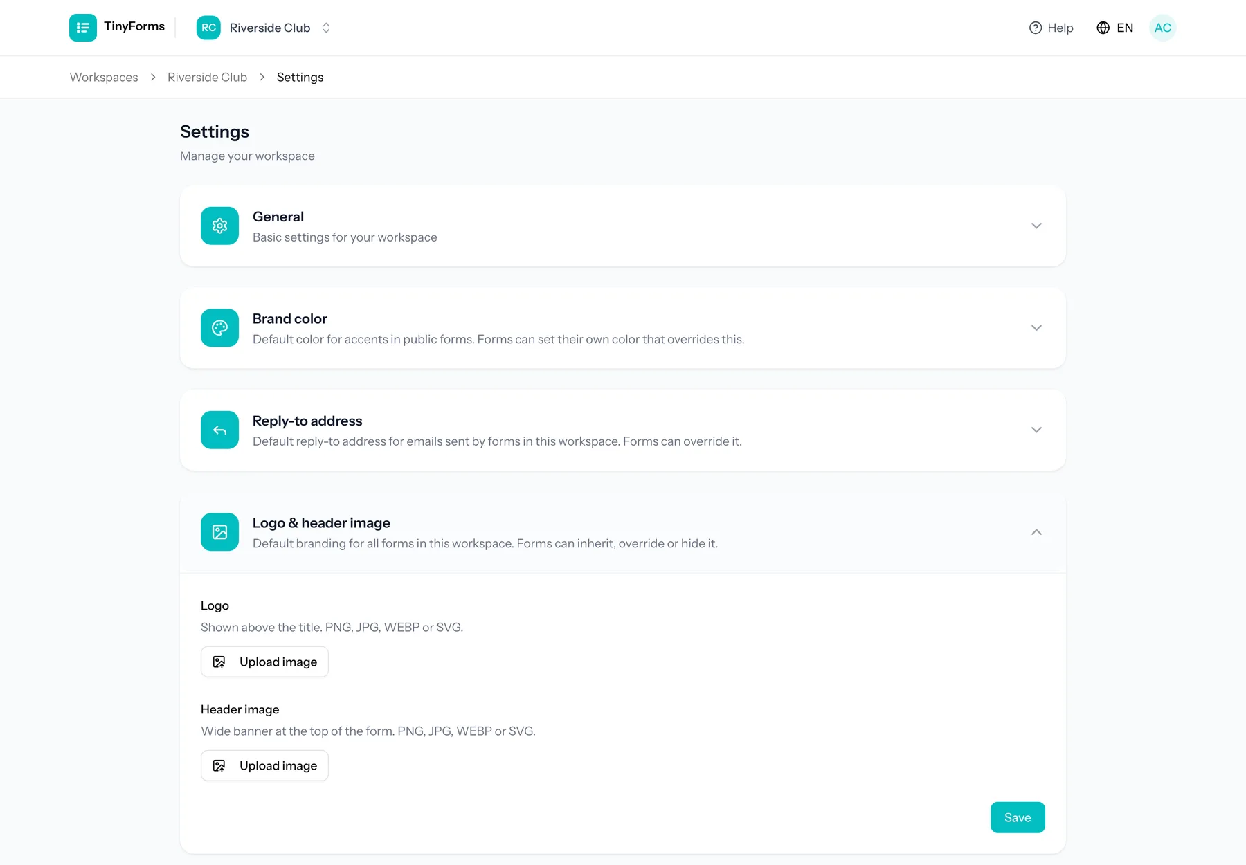 The workspace settings, a list of sections covering branding, privacy, payments and integrations.