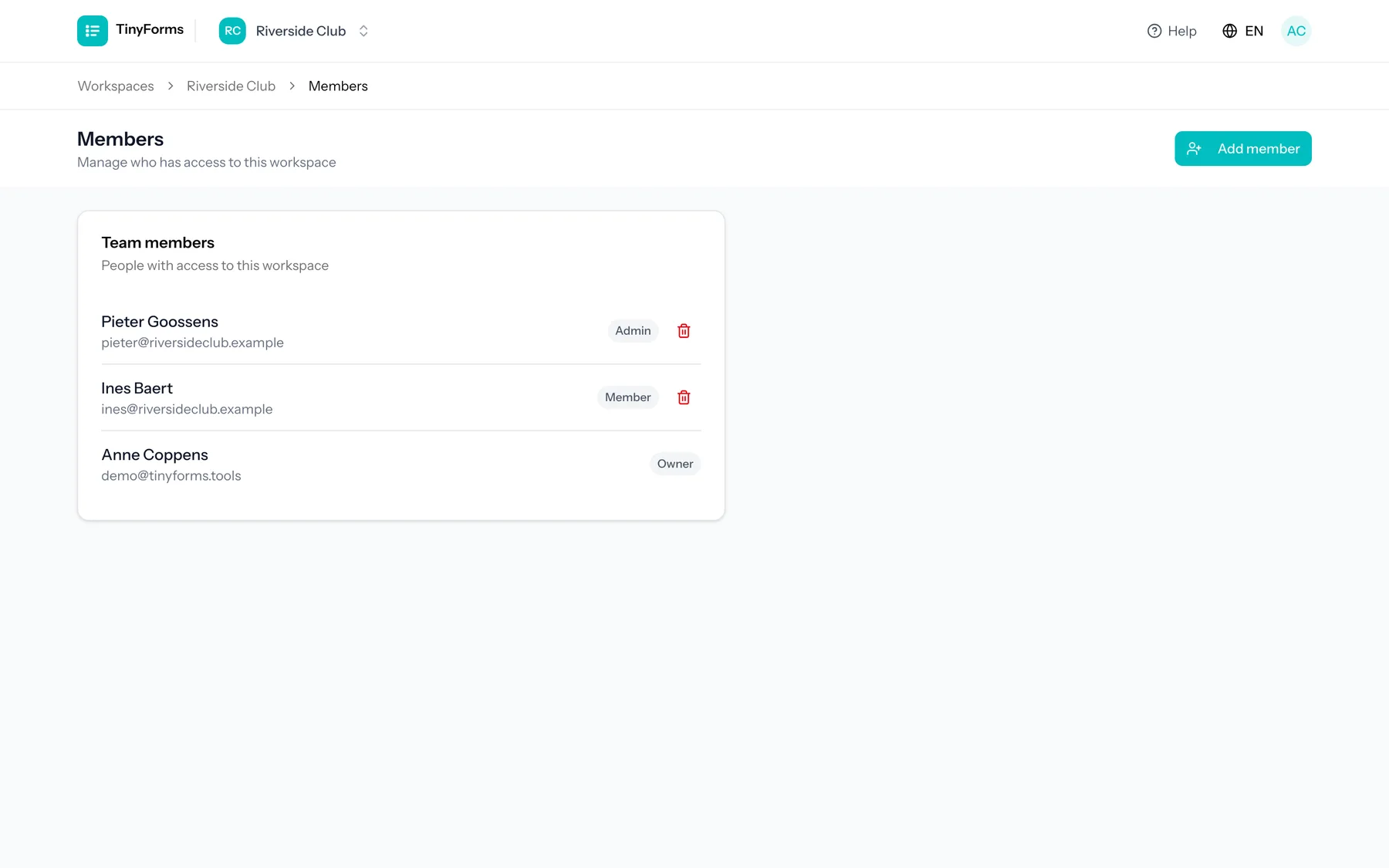 The members screen of a workspace, listing each member with their role.
